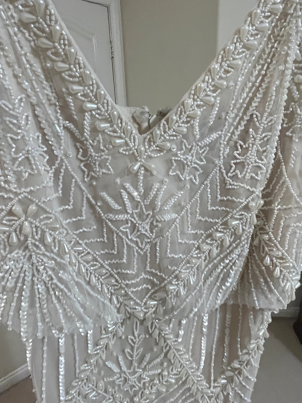Adrianna Papell Ivory Beaded V-Neck Evening Dress